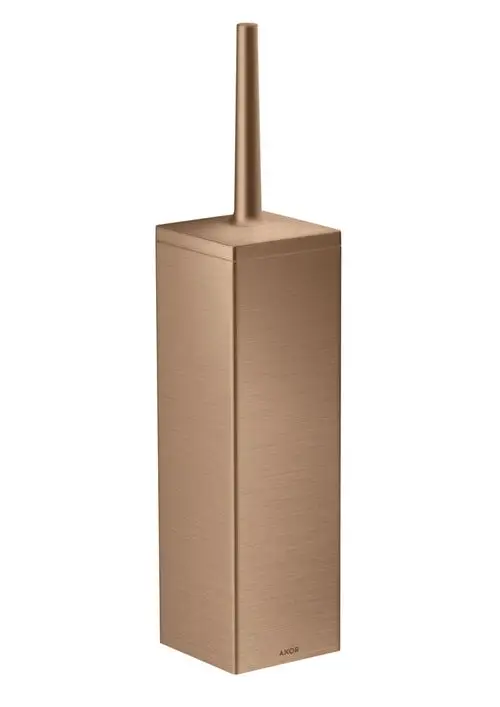 Rechteckiger Toilettenbürstenhalter aus gebürstetem Rotgold, mit schlankem Stiel, an der Wand montiert. Produkt der Marke AXOR.